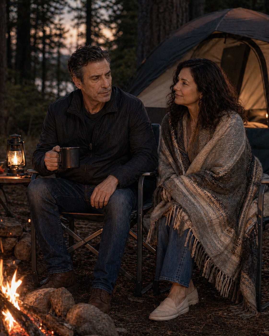 Tony Iavorone relaxing at a campfire with his wife