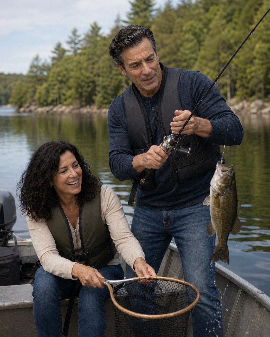 Tony Iavorone fishing outdoors with his wife on a peaceful Ontario lake