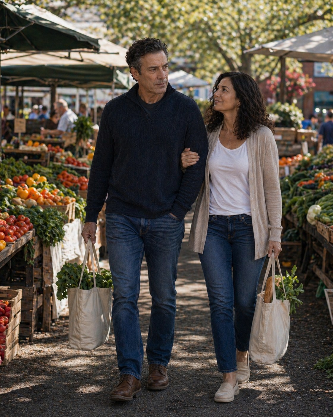 Tony Iavorone walking through a market with his wife